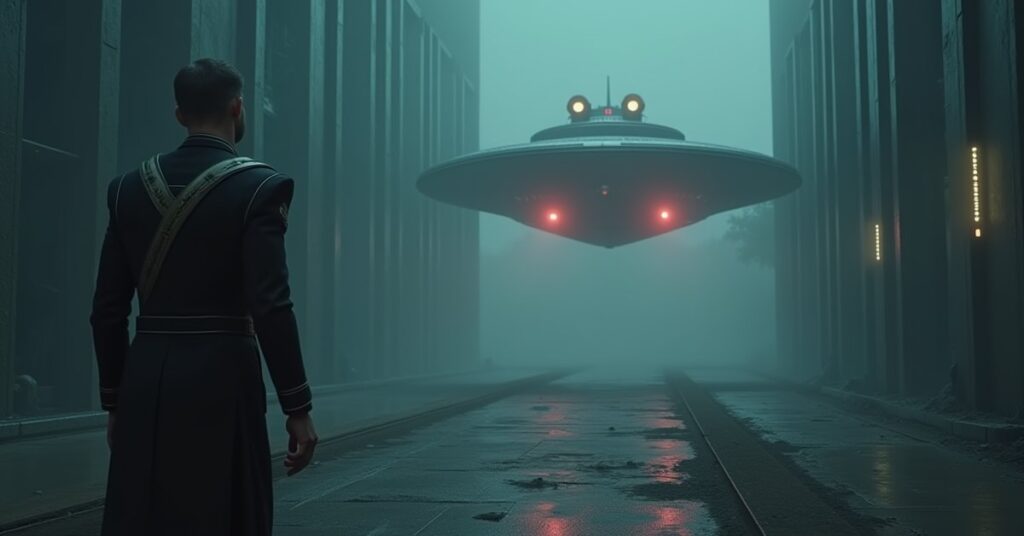 A Romulan officer walks through an abandoned facility as a guard ship sweeps the sky