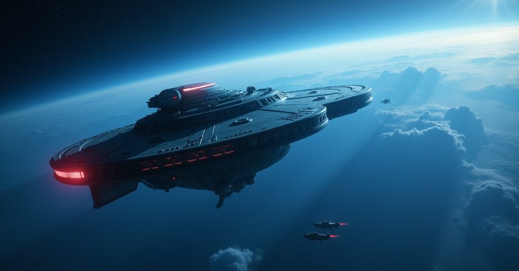 A Federation starship confronting a militant ship above a blue planet in Star Trek Fleet Command