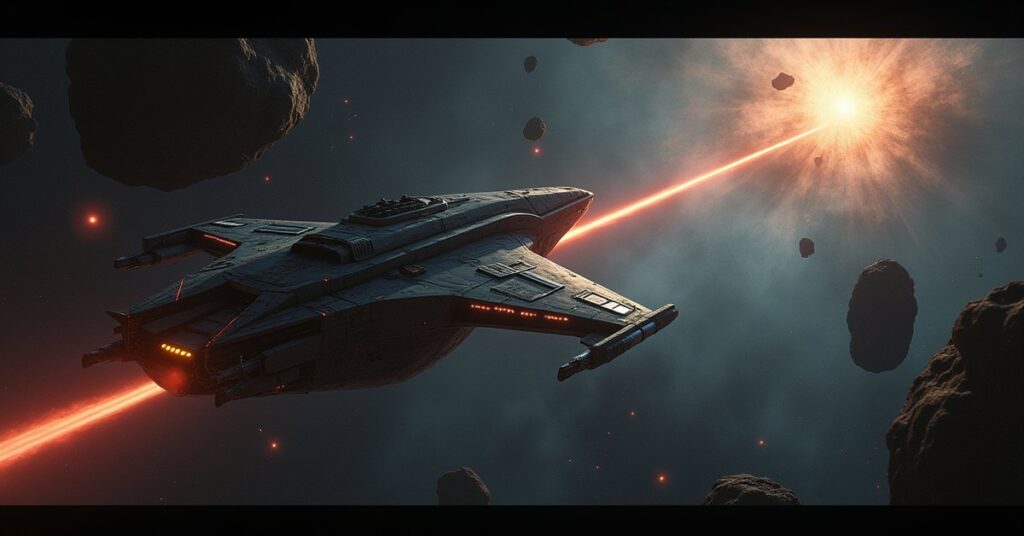A Klingon ship following a warp trail toward a hidden scout ship in Star Trek Fleet Command