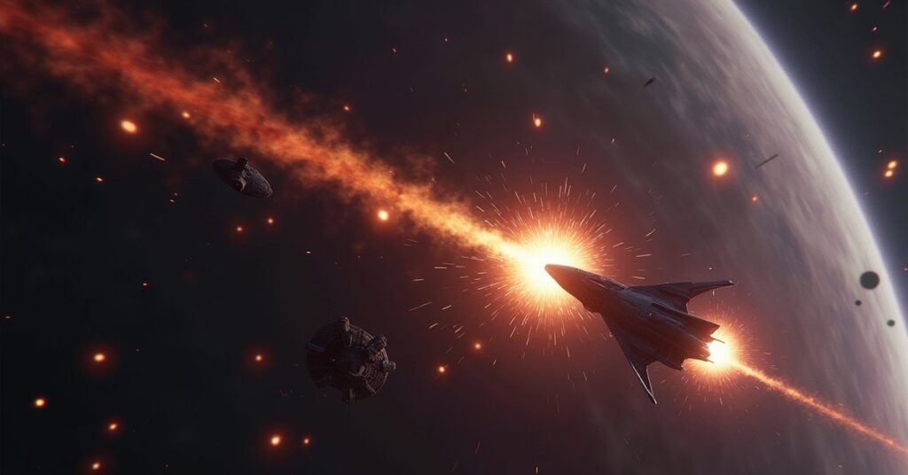 A Romulan warship attacking a Federation border outpost in Star Trek Fleet Command