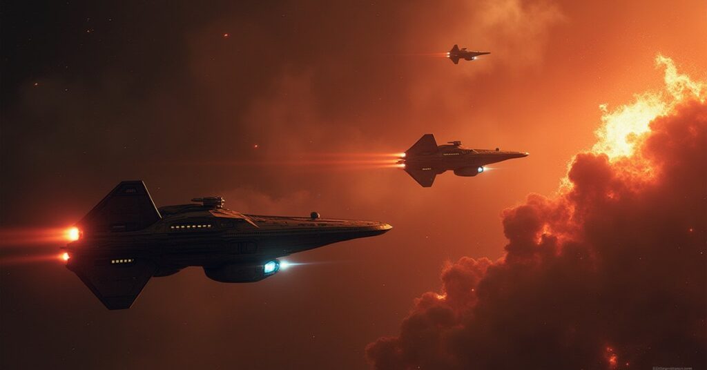 Two ships attack a burning Starfleet outpost as a Federation ship moves in, in Star Trek Fleet Command