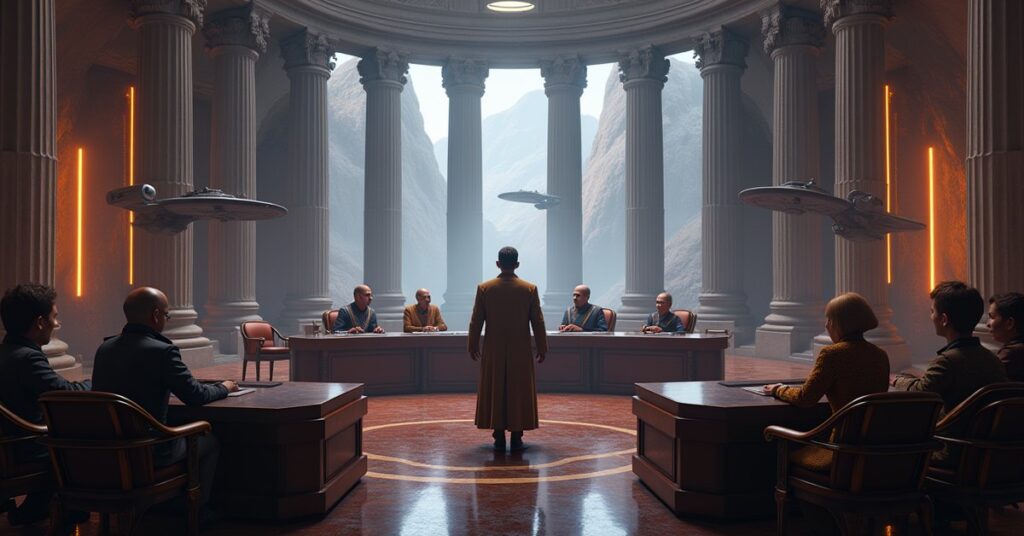 An Andorian envoy facing a Federation inquiry panel in Star Trek Fleet Command
