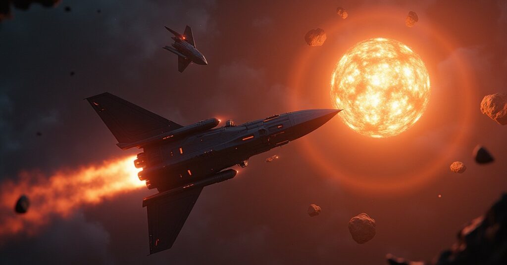 A Starfleet ship detonating a glowing payload near an asteroid to trap a pirate mining ship