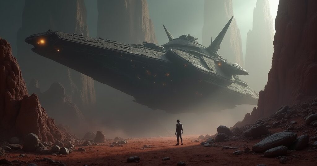 A starship fighting in an asteroid arena watched by a Gorn warship in Star Trek Fleet Command