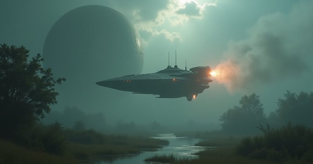 A starship is ambushed by an Orion warship over a rainy swamp planet in Star Trek Fleet Command