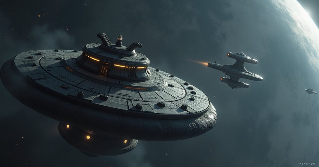 A starship approaching a small Cardassian outpost on an asteroid in Star Trek Fleet Command