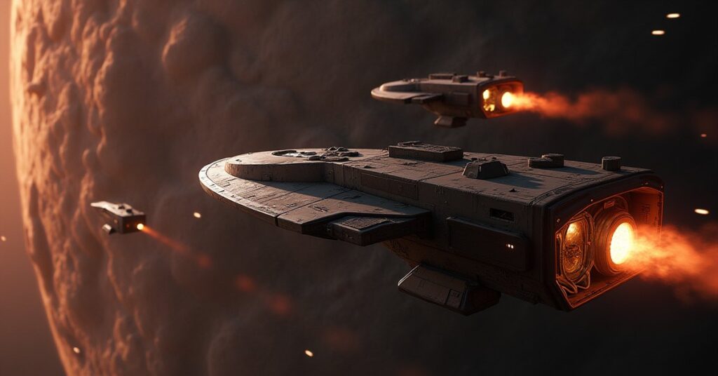 An escape pod streaking toward a rocky planet as a damaged prisoner transport burns in orbit