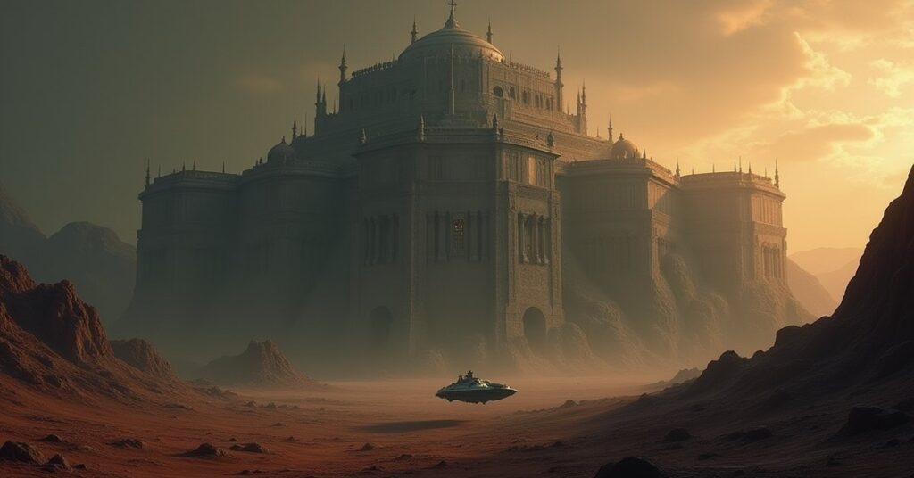 A starship slipping past a guard ship at a Romulan prison fortress on a barren moon in Star Trek Fleet Command