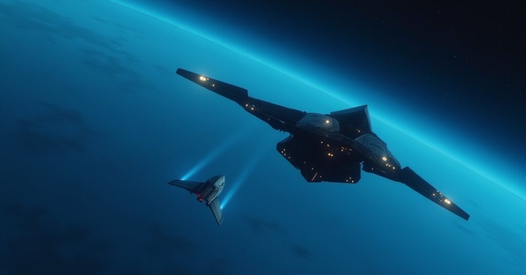 A small starship escorting a shuttle past a blue planet in Star Trek Fleet Command