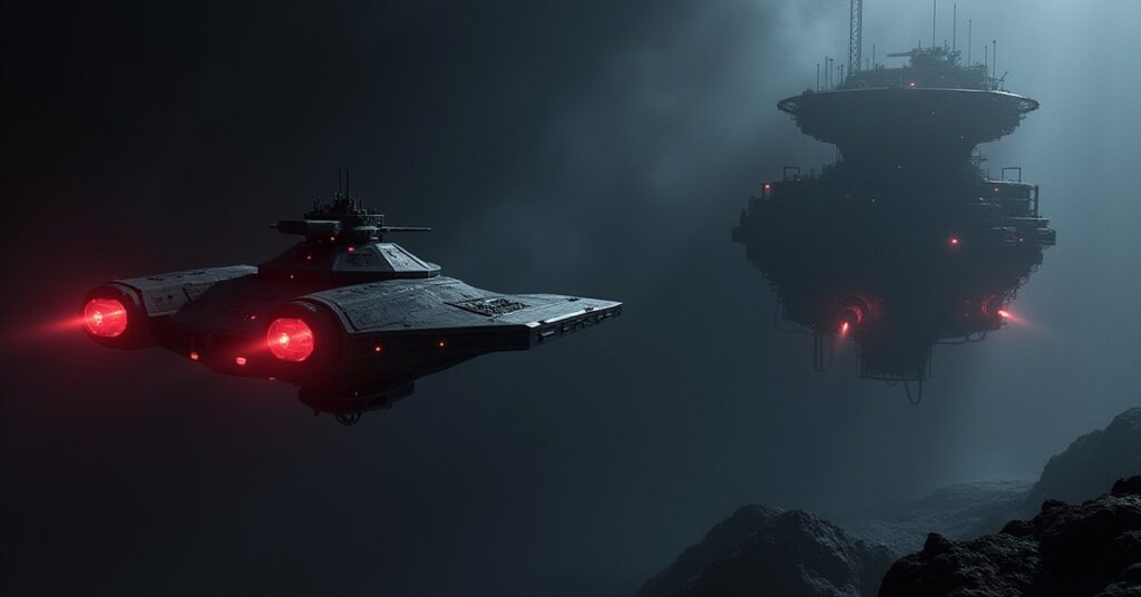 A starship ambushed by an assassin ship near a derelict mining platform in Star Trek Fleet Command