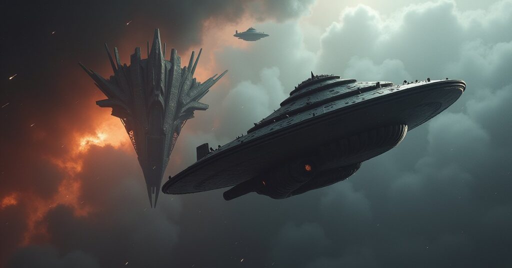 Klingon warships in disarray as a vast alien shape emerges from a rift in Star Trek Fleet Command
