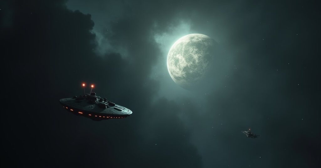 Federation starship searching a dark alien world in the Talora system during the Beneath the Surface mission