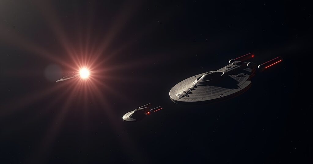 A starship near a Romulan signal beacon as two warbirds decloak in Star Trek Fleet Command