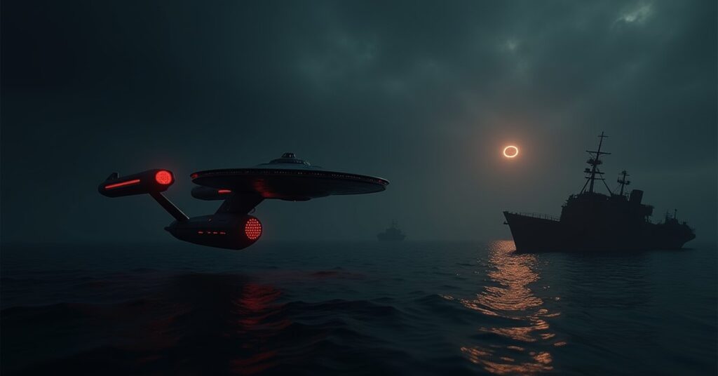 Starfleet ships near a dark derelict vessel and an abandoned colony outpost with a glowing distress beacon
