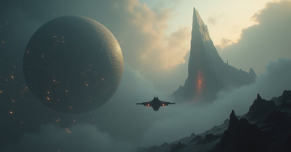 A starship flying through a swarm of small alien drones above a misty planet in Star Trek Fleet Command