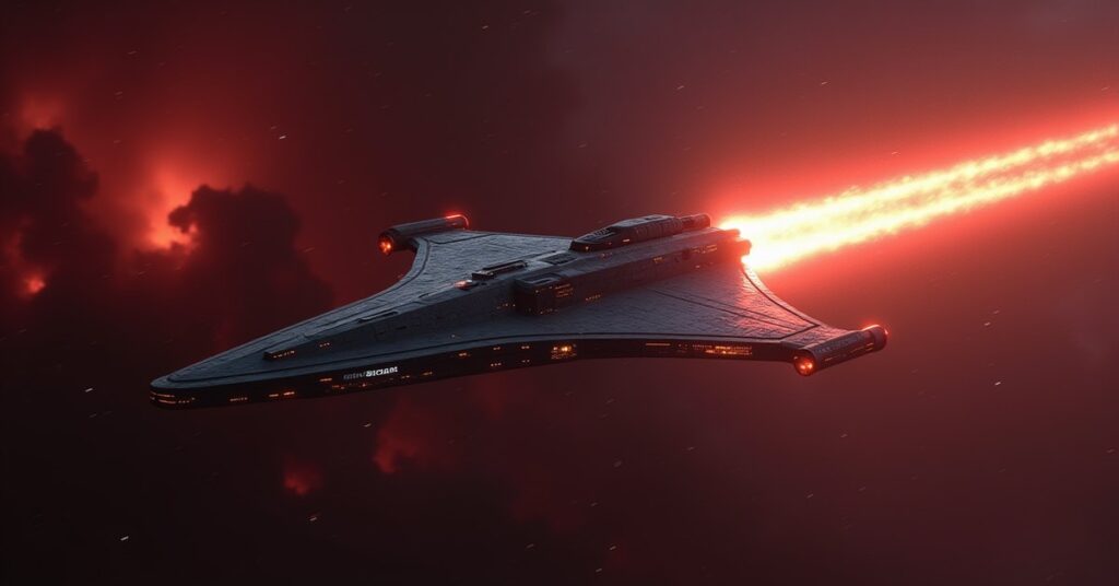 A Romulan test ship with a glowing warp coil crossing a nebula in Star Trek Fleet Command
