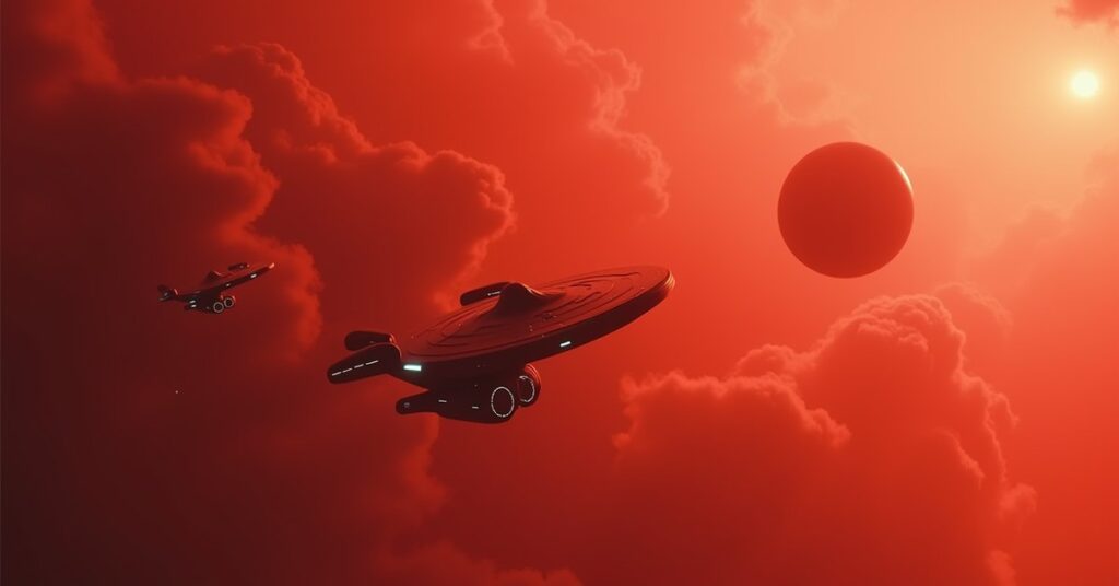 The NX-01 Enterprise and a modern Starfleet ship entering the red clouds of the Delphic Expanse