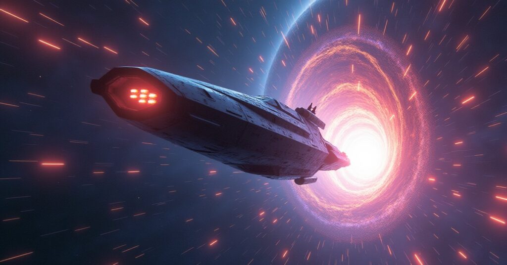 A starship escaping the prismatic currents of Exchange Space toward a glowing rift in Star Trek Fleet Command
