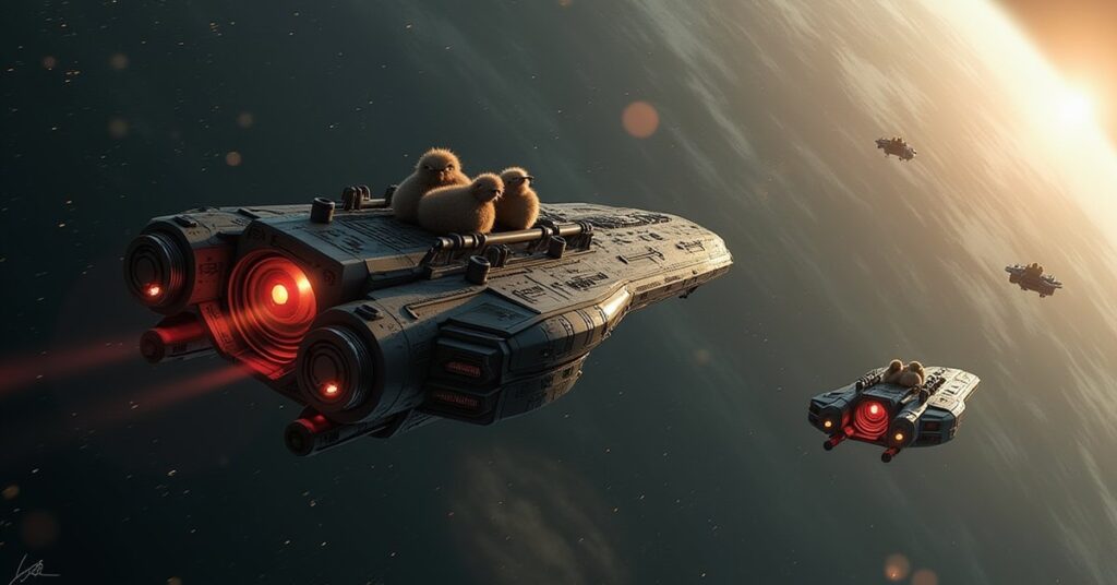 A Borg probe closing on a starship carrying tribbles in Star Trek Fleet Command