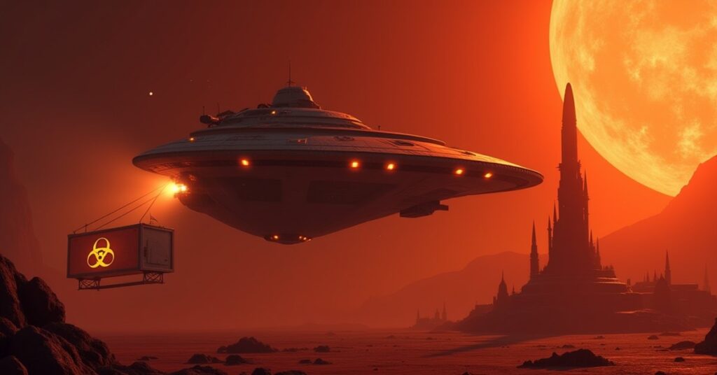 A starship carrying a glowing hazardous container away from a Klingon colony in Star Trek Fleet Command