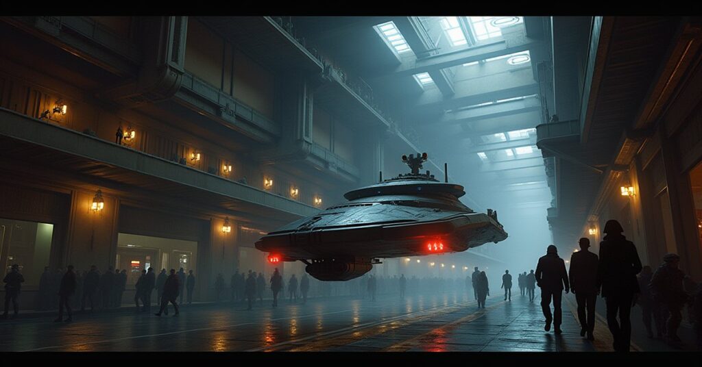 A cruiser escorting a small Romulan shuttle away from a busy starbase dock in Star Trek Fleet Command