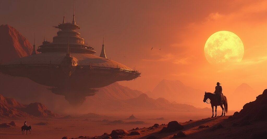 A starship facing a Nausicaan champion over a desert planet in Star Trek Fleet Command
