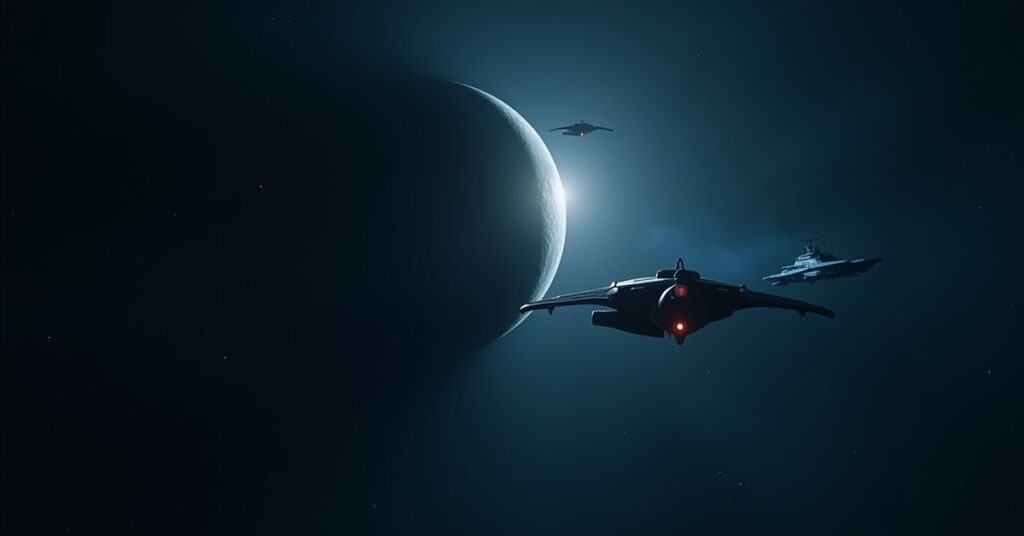 A Romulan warbird hunting an Andorian cruiser near a darkened moon in Star Trek Fleet Command