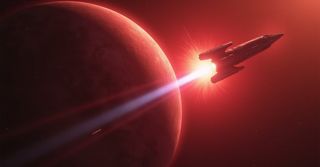 A Starfleet ship attacking Mirror Archer's vessel near a charging Xindi superweapon
