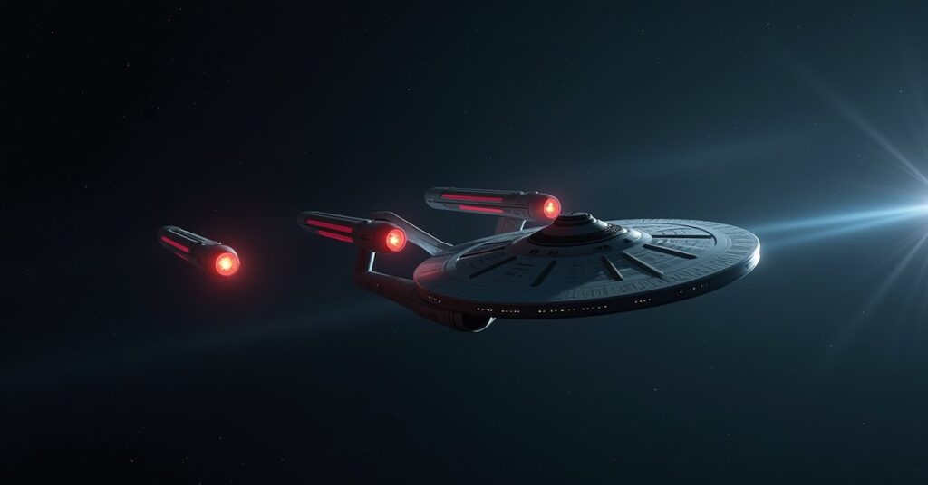 A Klingon warship cornering a lone Starfleet vessel in a dim star system in Star Trek Fleet Command