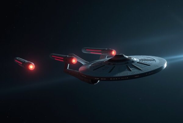 A Klingon warship cornering a lone Starfleet vessel in a dim star system in Star Trek Fleet Command