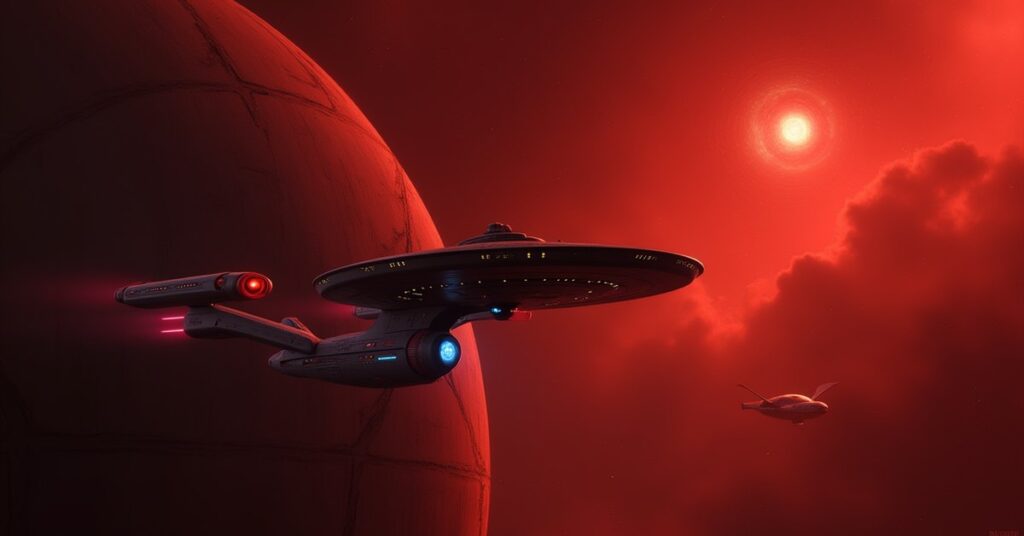 A starship investigating a Klingon station as a Vulcan ship appears in Star Trek Fleet Command