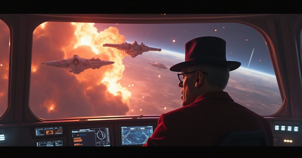 A film director directing a staged space battle as decommissioned prop ships explode outside the viewscreen