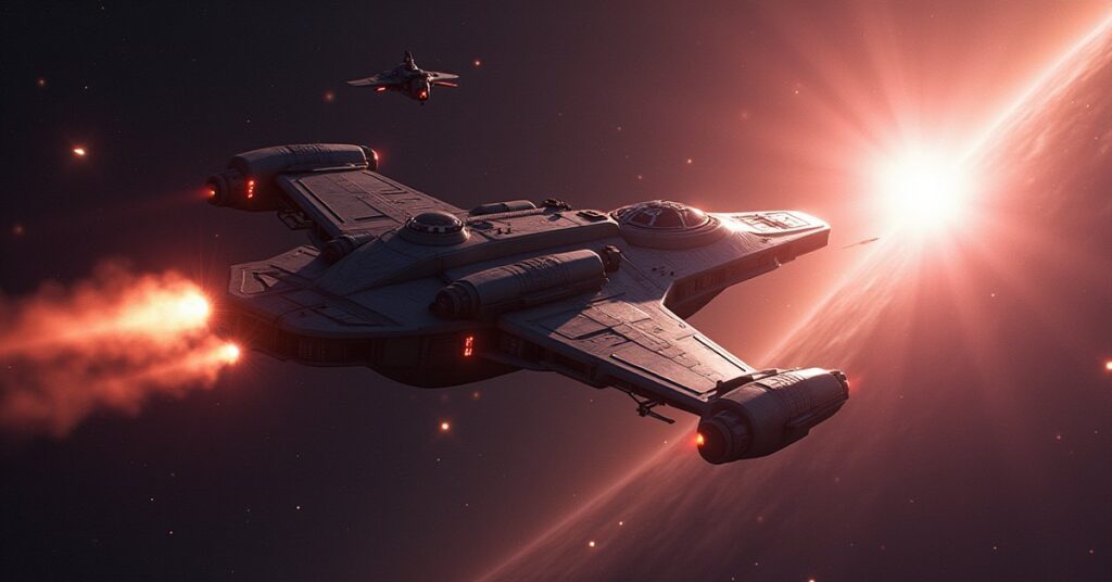A new starship intercepting a Nausicaan fighter near a space station in Star Trek Fleet Command
