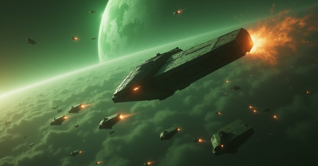 An Orion starship bombarding a colony planet from orbit as defender ships approach in Star Trek Fleet Command