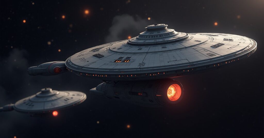 A tense standoff between two starships in deep space with weapons charging in Star Trek Fleet Command