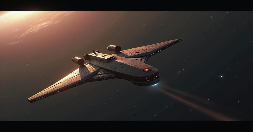 A Klingon ship patrolling the Neutral Zone with a Federation ship in the distance in Star Trek Fleet Command