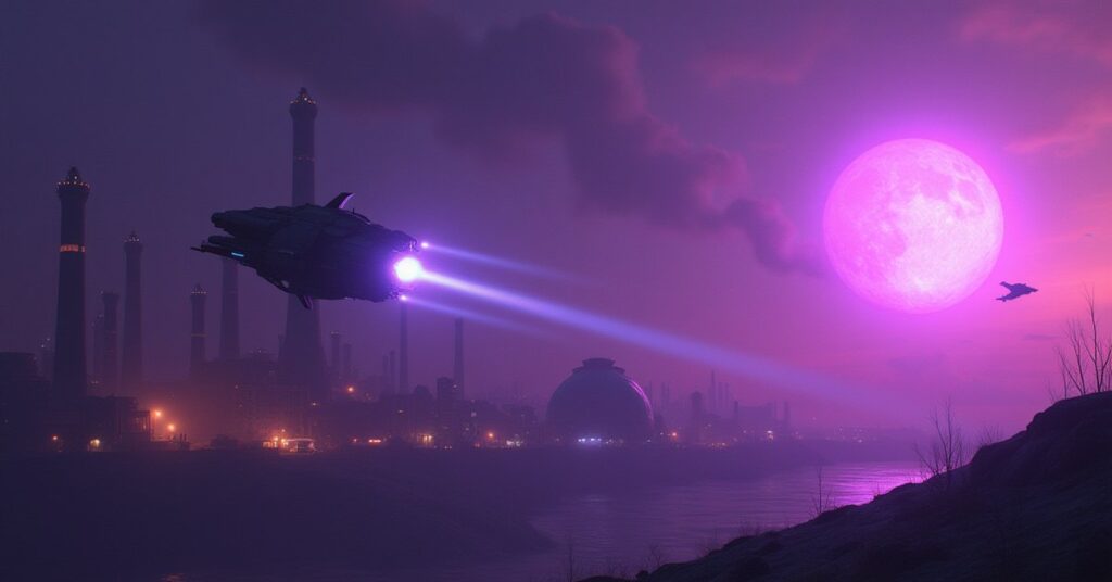 A starship fights raiders over an industrial planet near a glowing alien habitat in Star Trek Fleet Command