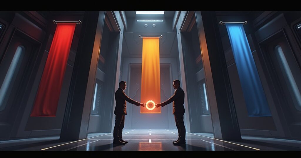 A commander receiving a glowing commendation in a starbase hall in Star Trek Fleet Command