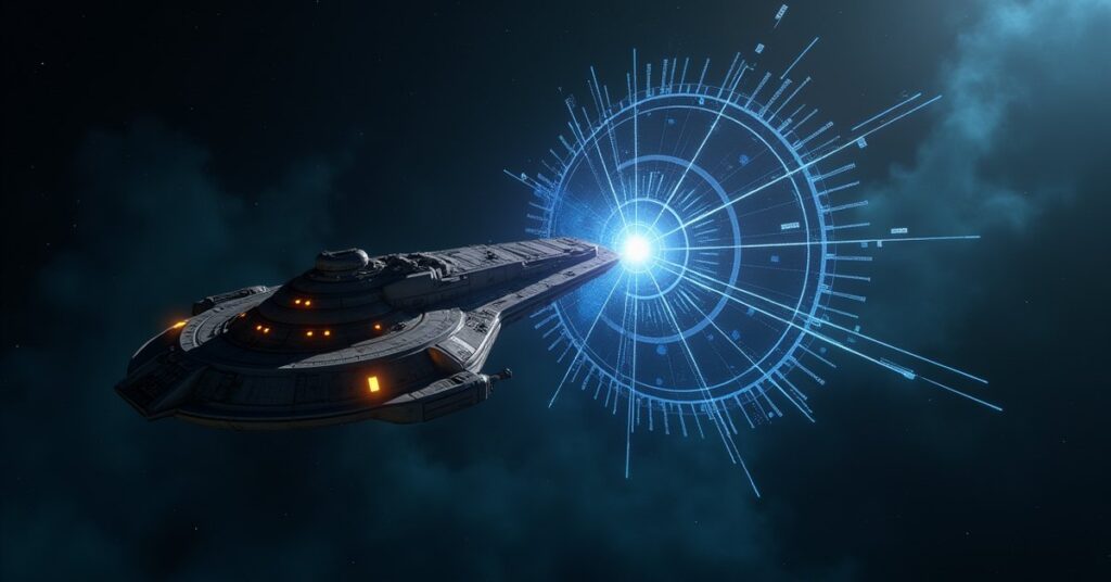 A starship scanning nearby star systems for a new station site in Star Trek Fleet Command