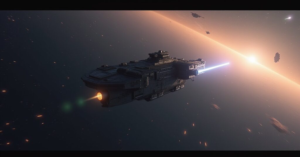 A starship confronting a Corvallen vessel near a colony world in Star Trek Fleet Command