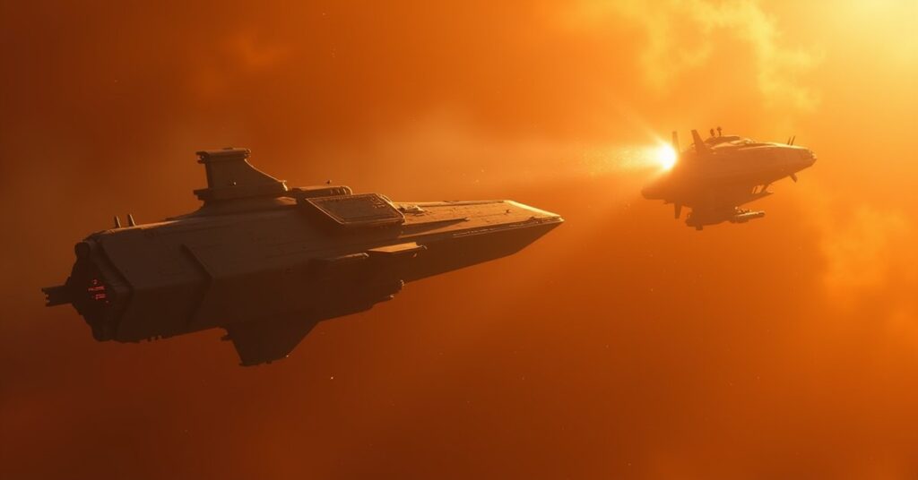 A starship attacking an escort ship beside a prison transport in an orange nebula in Star Trek Fleet Command