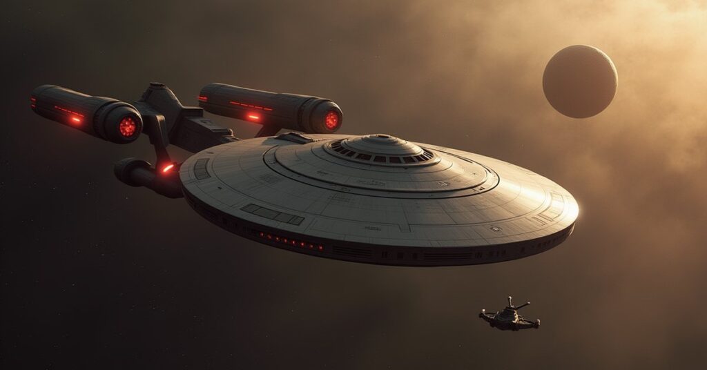 A Starfleet ship passing a Klingon outpost on the way to an Augment planet in Star Trek Fleet Command