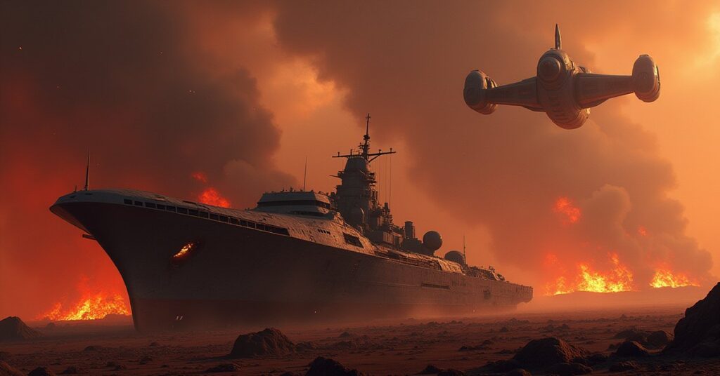 A crashed Independent ship lies below as a Tholian vessel and a Breen warship face off above it