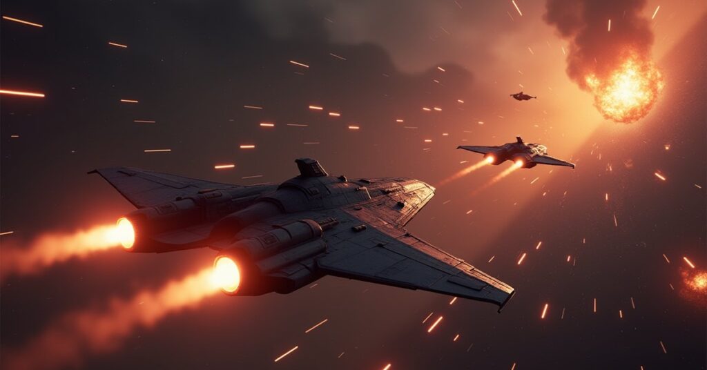 A starship escaping an ambush of alien warships near a burning colony world