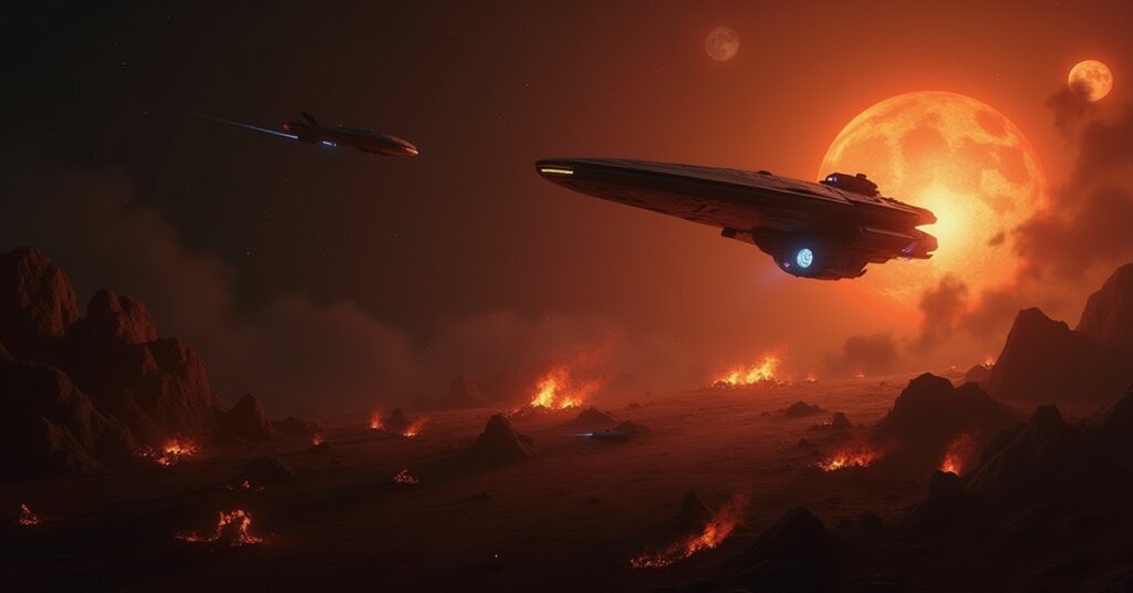A starship scanning pirate wreckage along a faint trail in Star Trek Fleet Command