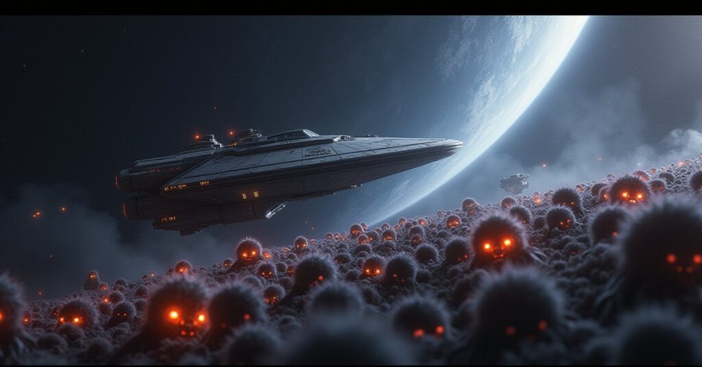 A starship scanning a planet covered in glowing Tribbles in Star Trek Fleet Command