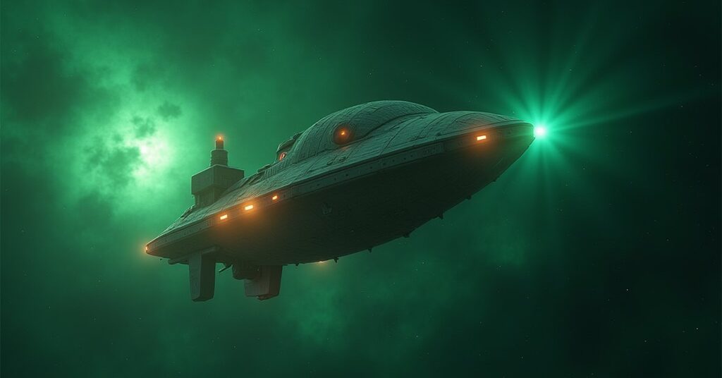A trader's freighter held in a starship's tractor beam at a Romulan border in Star Trek Fleet Command