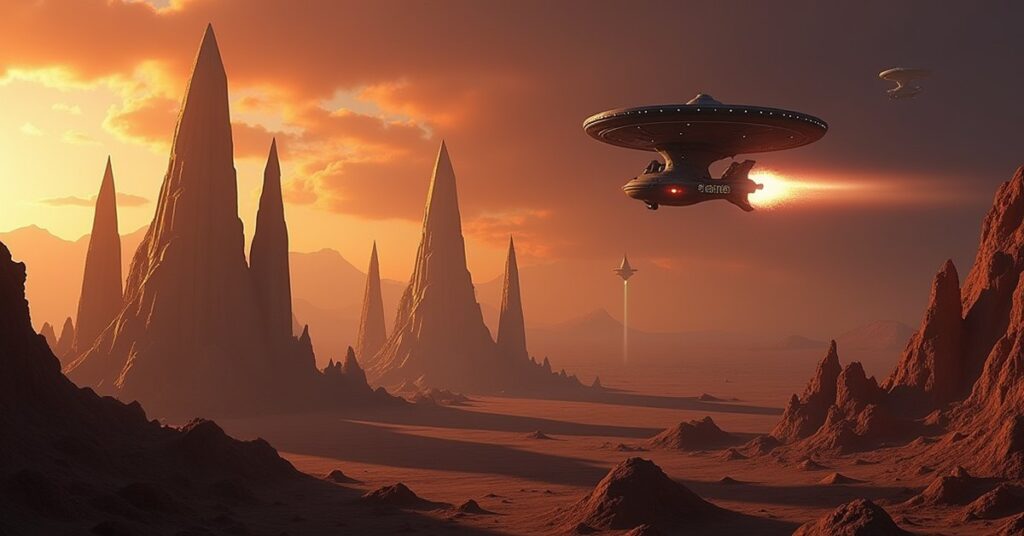 Missile launchers being built on a Romulan colony beneath a starship in Star Trek Fleet Command