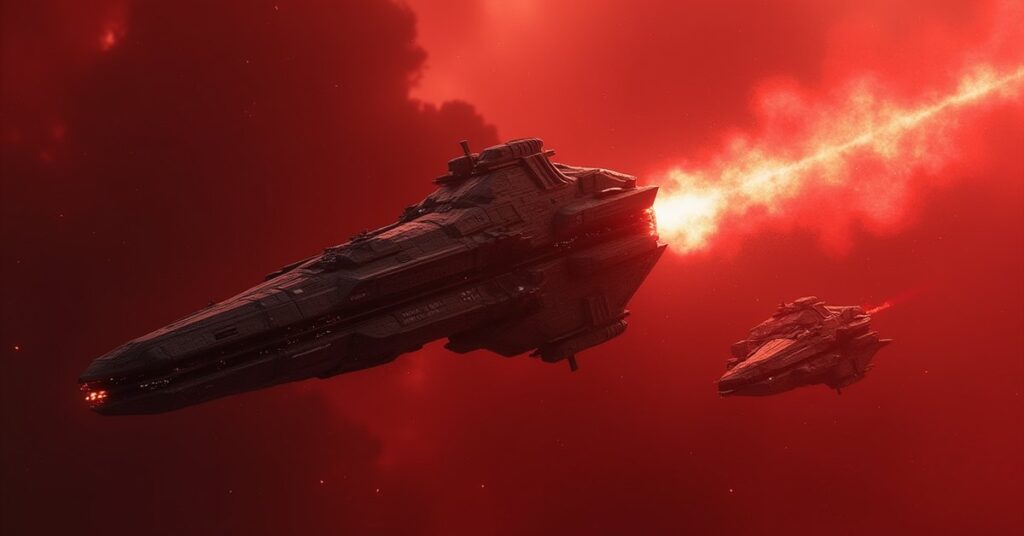A Federation ship battling a Romulan warship in a red nebula in Star Trek Fleet Command