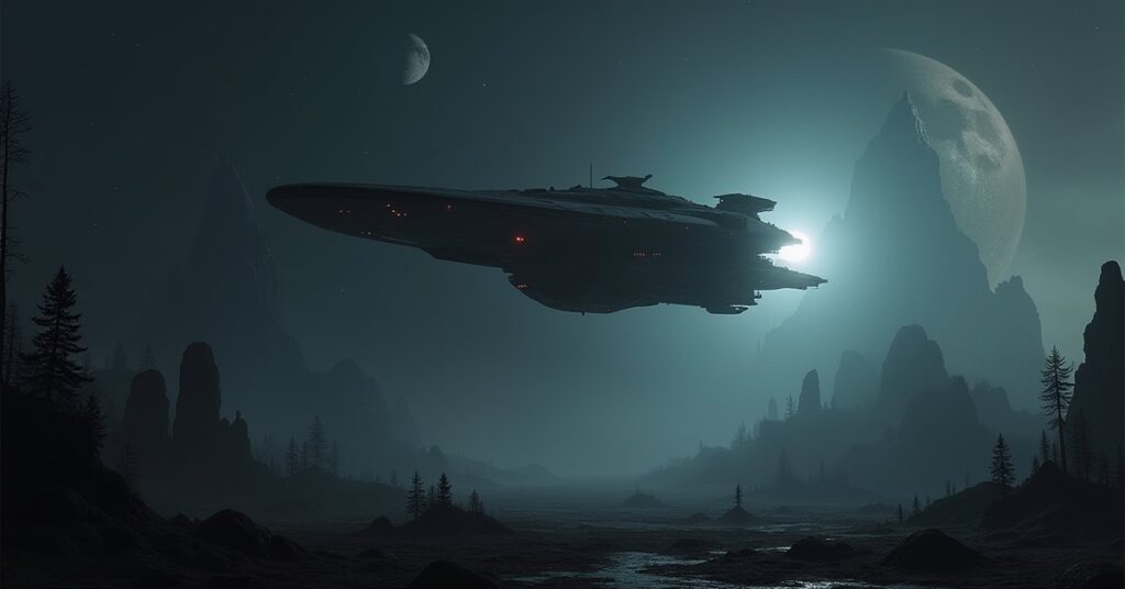 A starship scanning a ruined colony outpost with other colony worlds in the distance in Star Trek Fleet Command